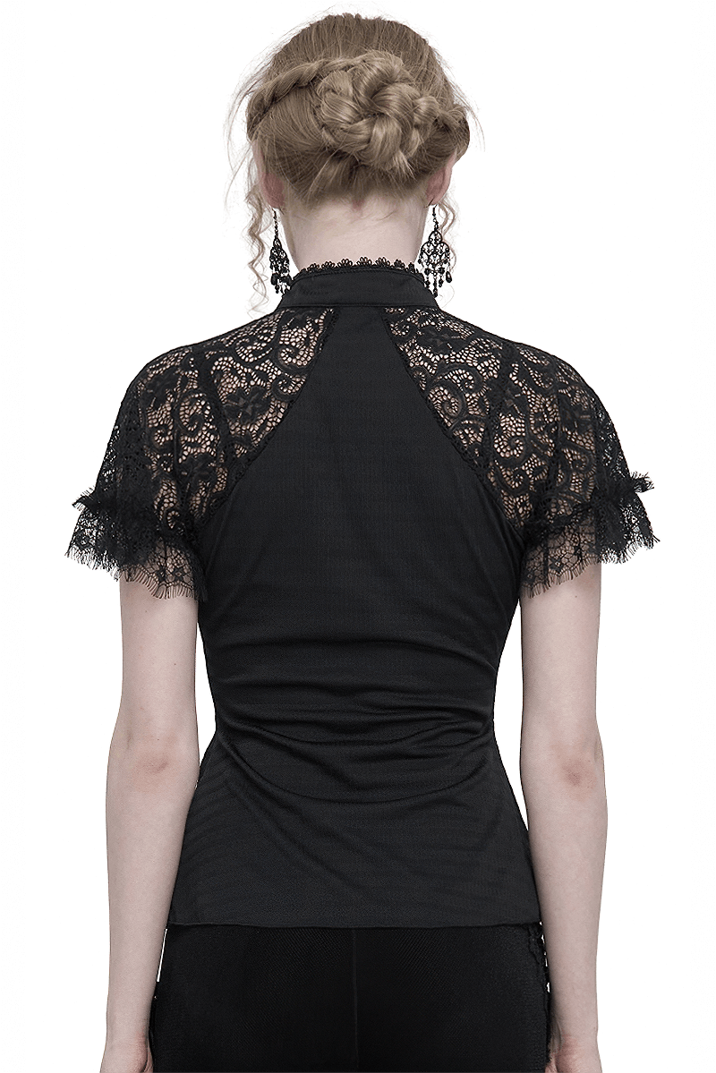 Back view of women's black vintage lace short raglan sleeve t-shirt, showcasing stylish design and flattering fit.